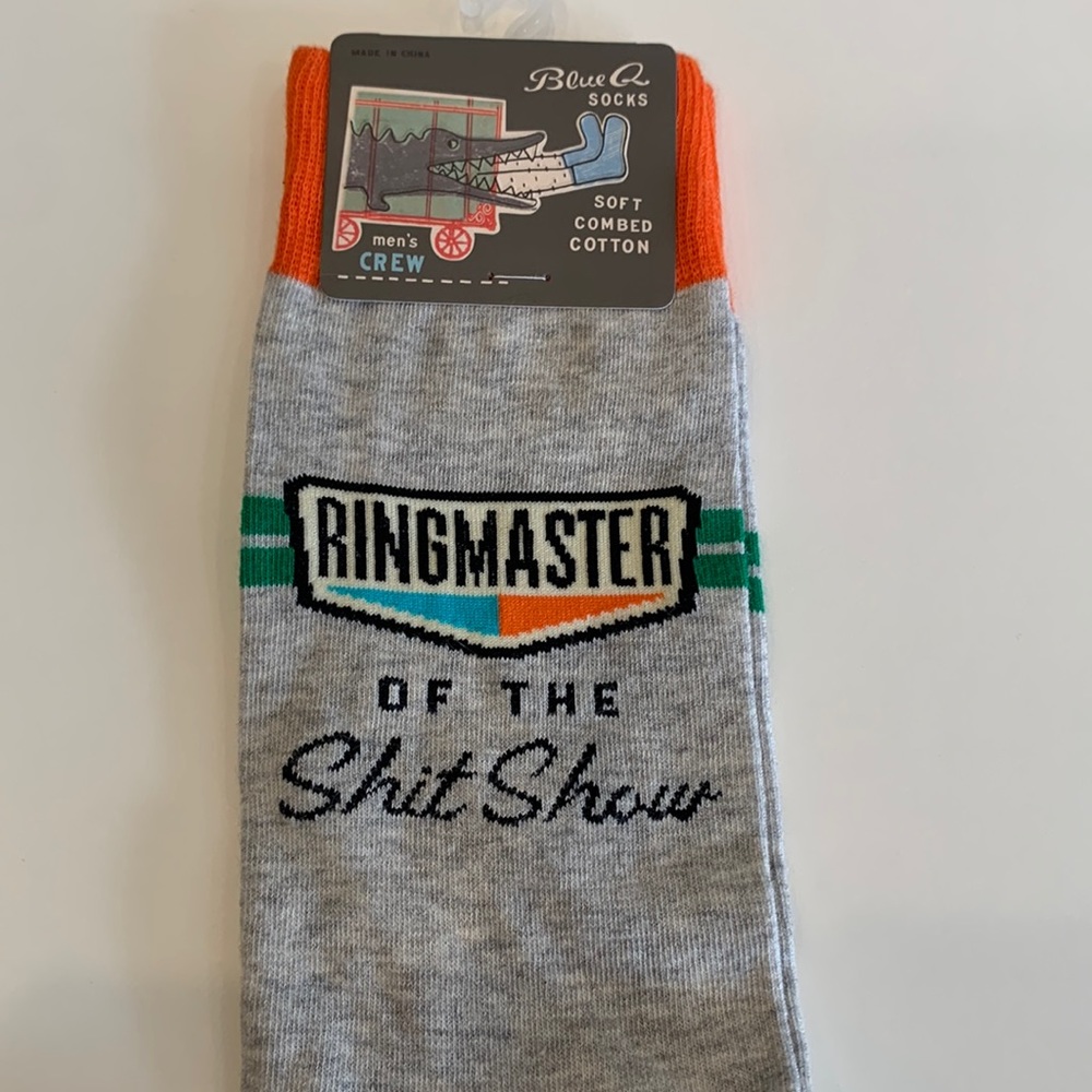 Ringmaster of the Shitshow, Blue Q Socks, Gray, Men’s Crew, NEW